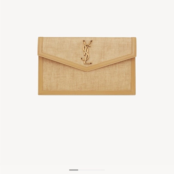 Yves Saint Laurent Beige Rafia Clutch with Gold Logo - Picture 1 of 9